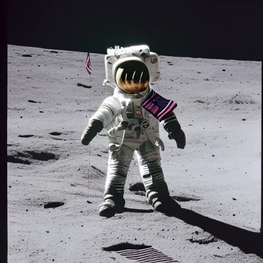 Prompt: old photo of a muppet on the moon, ( ( usa flag ) ), next to moon lander