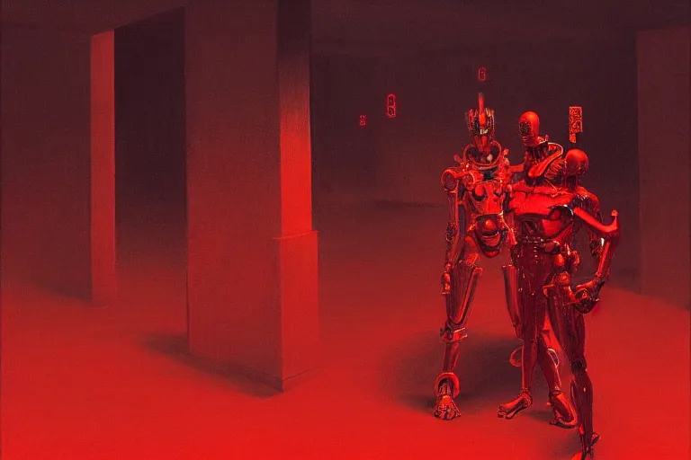 Image similar to only with red, a red cyborg samurai, tokio futuristic in background, some evil yokai, in the style of beksinski, parts by edward hopper, parts by rodcenko, parts by yue minjun, intricate and epic composition, red by caravaggio, insanely quality, highly detailed, masterpiece, red light, artstation, 4 k