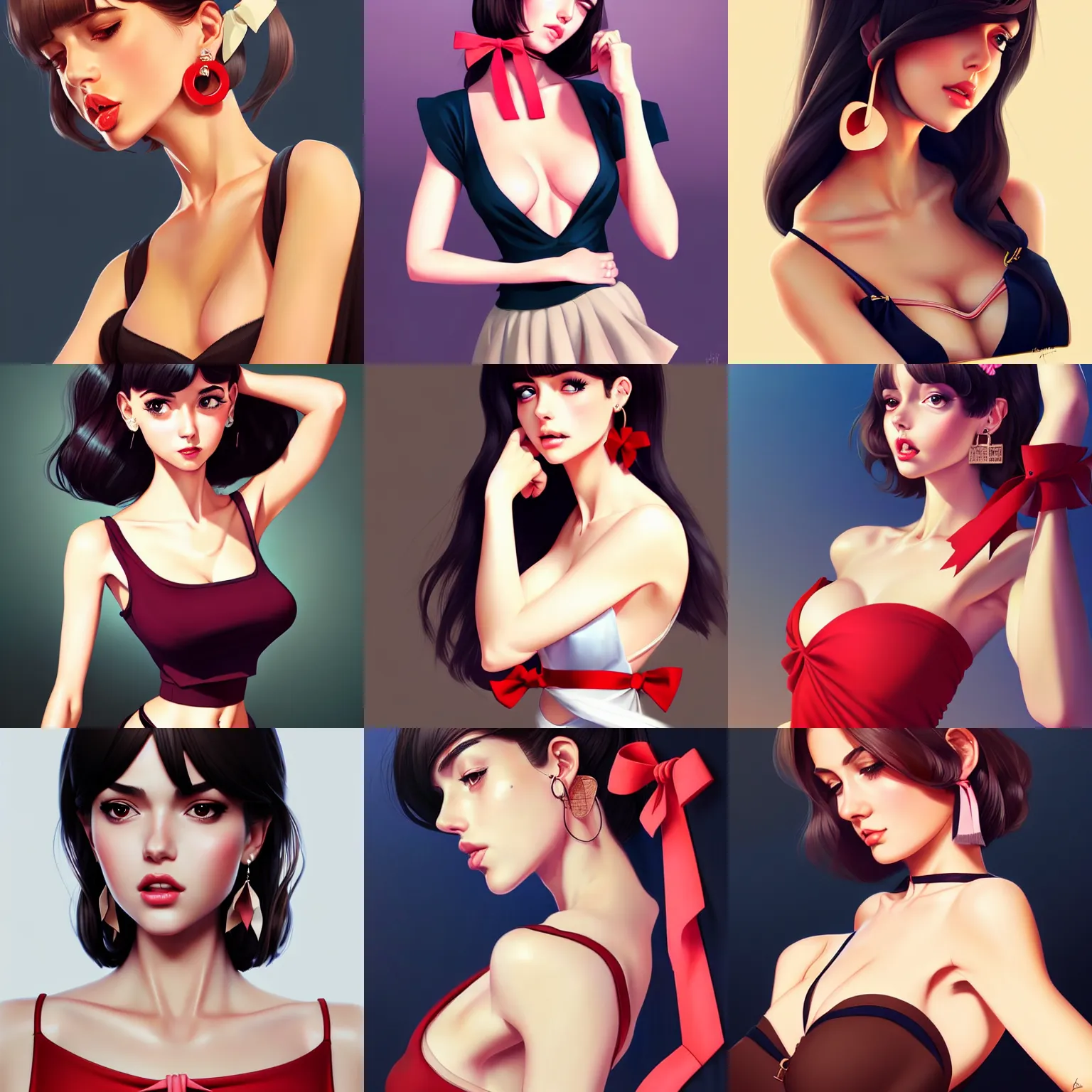 Prompt: sexy girl in a low cut blouse and short skirt, seductive pose, shoulder-length hair, ribbon in her hair, earrings. highly detailed, digital painting, in the style of artgerm and ilya Kuvshinov, high definition digital art