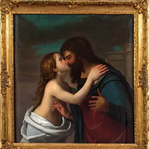 Image similar to 1 8 th oil panting of a jesus kissing with maria maddalena