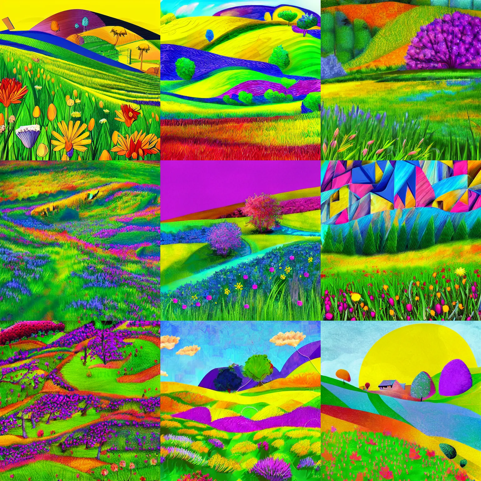 Prompt: meadow with flowers, hill with trees, spring, colorful, bright, cubism, digital art, medium shot