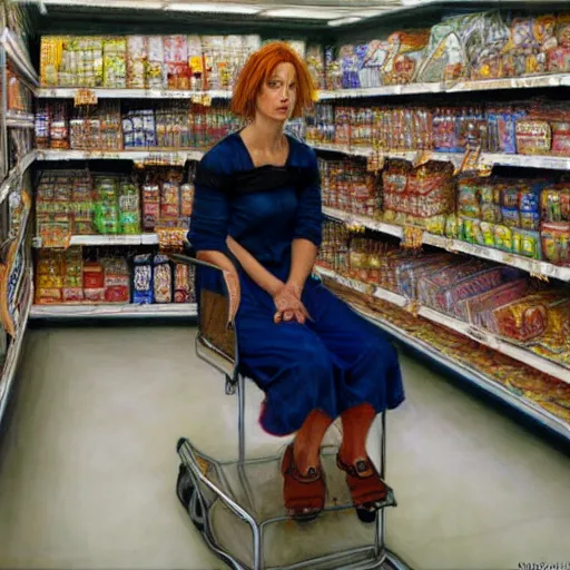 Prompt: portrait of a female survivor in the empty supermarket, by donato giancola.