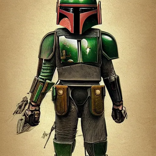 Image similar to technical sketch of boba fett by leonardo da vinci