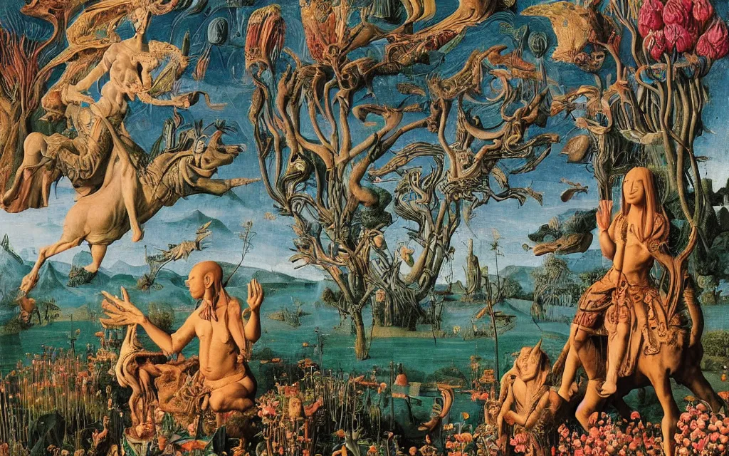 Prompt: a portrait photograph of a meditating sphinx and a centaur king riding birds at a river delta. surrounded by bulbous flowers, animals, trees. mountain range under a vast blue sky of burning stars. painted by jan van eyck, max ernst, ernst haeckel and ernst fuchs, cgsociety, artstation, fashion editorial, 8 k