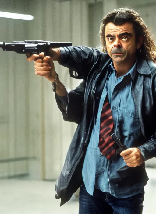 Image similar to film still of Rowan Atkinson as Martin Riggs in Lethal Weapon, 4k