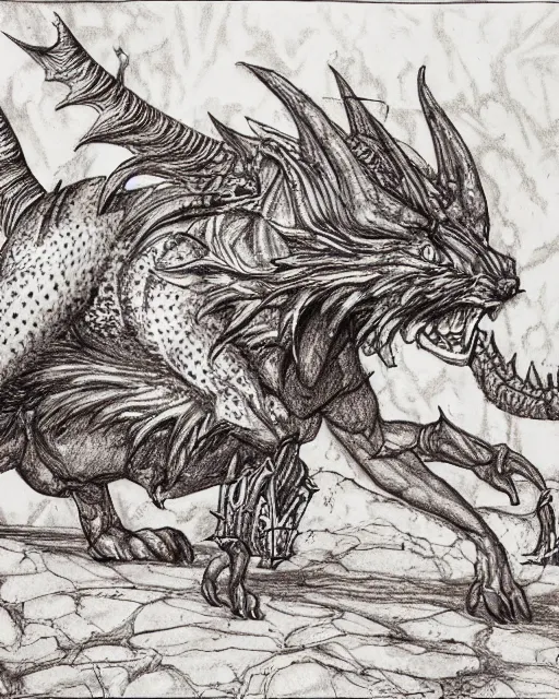 Image similar to pen and ink drawing of a manticore in the desert, by steve jackson and ian livingstone, highly detailed