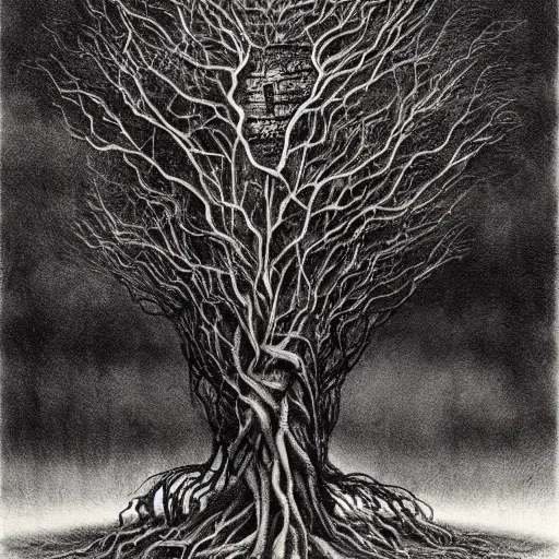 Prompt: a twisted black tree with meat for fruit, hyperdetailed, disturbing, by stephen gammell