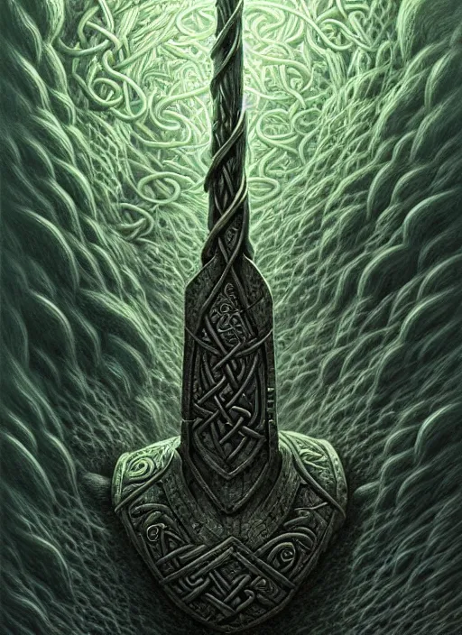 Image similar to hyper detailed ultra sharp mjollnir lightning hammer shape, epic aesthetic, doom, elden ring, stylized viking knotwork, masterpiece, elite, ornate, intricate, digital painting, concept art, smooth, sharp focus, illustration, art by zdizslaw beksinski and dan mumford, alexey egorov, felix englund