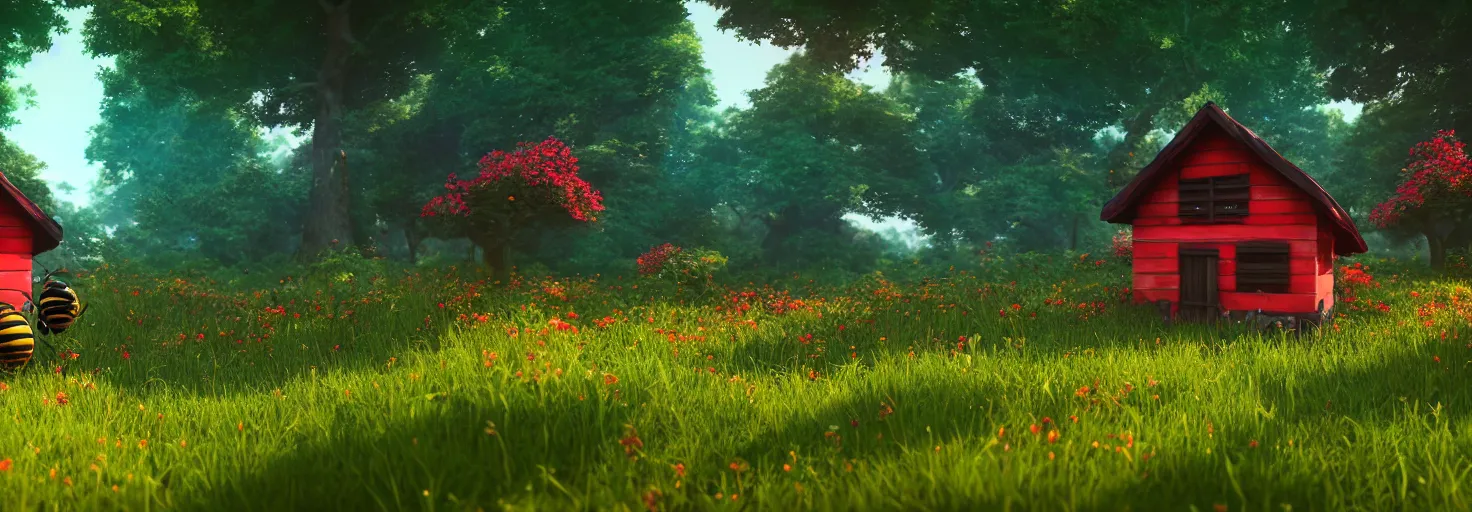 Prompt: stunning glowing dominant large highlighted crimson - black beehive, large cute bee, in a beautiful forest meadow village landscape, flowers, happy trees, photorealistic, octane render, rtx, hdr, unreal engine, digital art widescreen 8 k, studio ghibli, disney, wlop