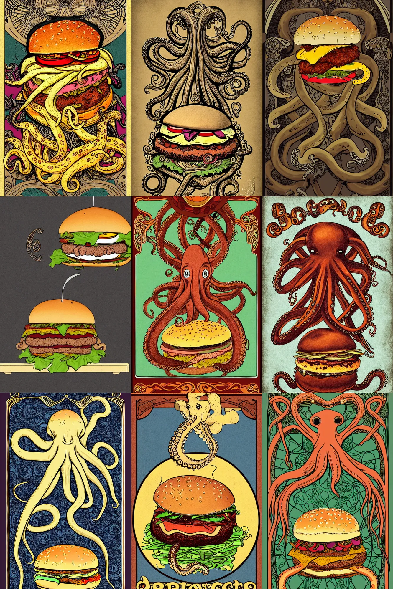 Prompt: octopus eating a giant burger, digital art, antique vintage art nouveau style, symmetrical, extremely detailed