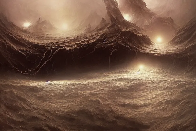 Image similar to primordial waters, maelstrom, gehenna, chaos, the world without form and void, darkness shone on the face of the deep, amazing concept painting by Jessica Rossier and HR giger and Beksinski