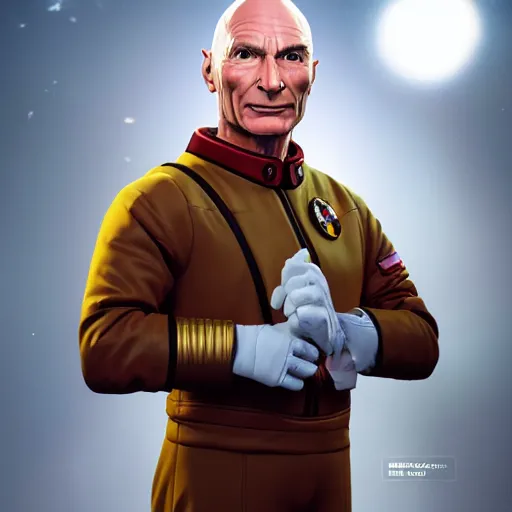 Prompt: A hyper real comic book style portait painting of Captain Picard in an astronaut suit, unreal 5, hyperrealistic, octane render, cosplay, RPG portrait, dynamic lighting