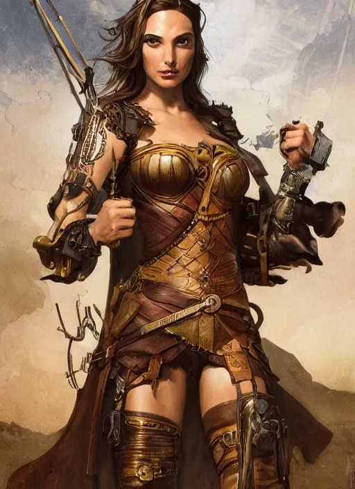 Image similar to highly detailed steampunk gal gadot with blond hair, standing, iron age : leonardo da vinci, greg rutkowski, magali villeneuve