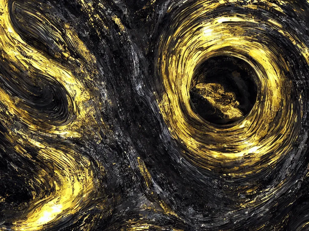 Image similar to a stream of fluid gold swirling into a black whole, wide angle perspective, 8 k, hyperrealism, 3 d animation, big depth of field