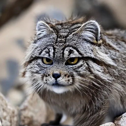 Image similar to a pallas cat ( manul ) looking into the camera from outside of a rocky cave, nature photo, trailcam