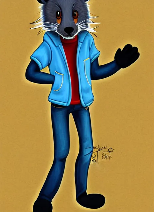 Image similar to expressive stylized master furry artist digital colored pencil painting full body portrait character study of the otter ( sergal ) small head fursona animal person wearing clothes jacket and jeans by master furry artist blotch, sharp focus vintage disney animation style