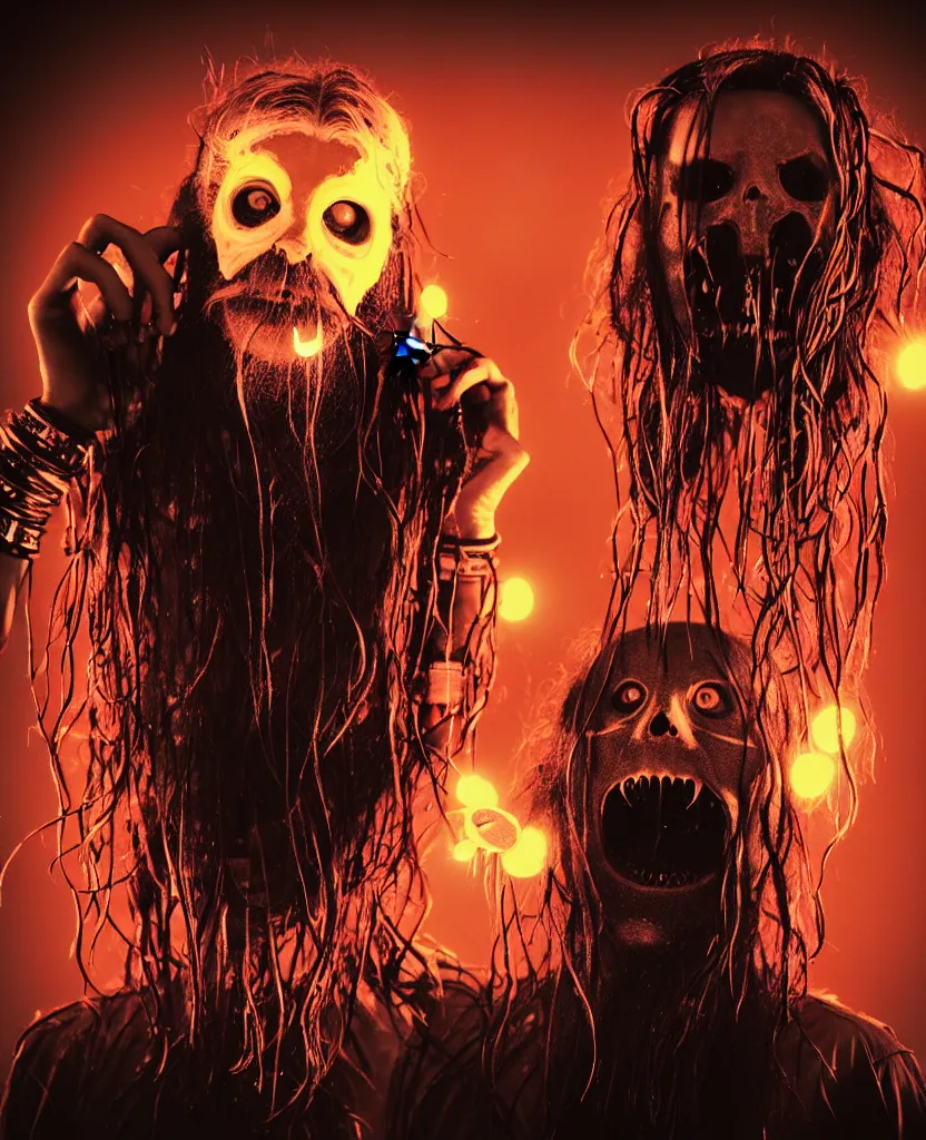 Prompt: Rob Zombie and Captain Spalding (The Devils Rejects) and Slipknot, epic angle and pose, symmetrical artwork, 3d with depth of field, blurred background, cybernetic jellyfish female face skull phoenix bird, translucent, nautilus, energy flows of water and fire. a highly detailed epic cinematic concept art CG render. made in Maya, Blender and Photoshop, octane render, excellent composition, cinematic dystopian brutalist atmosphere, dynamic dramatic cinematic lighting, aesthetic, very inspirational, arthouse. y Greg Rutkowski, Ilya Kuvshinov, WLOP, Stanley Artgerm Lau, Ruan Jia and Fenghua Zhong