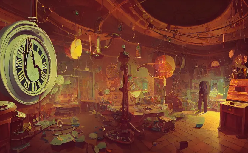 Prompt: Inside an old clock store by Petros Afshar and Beeple, James Gilleard, Mark Ryden, Wolfgang Lettl highly detailed