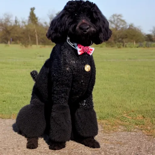 Image similar to black goldendoodle dog, wearing pimp suit