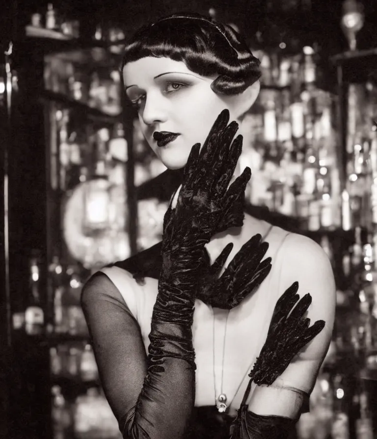 Prompt: shot of a 1 9 2 0 s short - haired flapper woman in black satin gloves looking at the camera, at a party in a dimly lit speakeasy bar, jazz age, precise, wide shot, cohesive, art deco, cinematic, low - lighting, photography