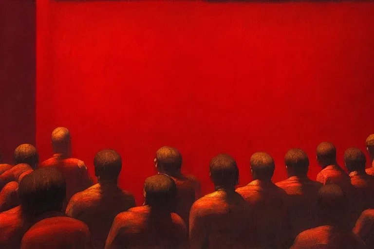 Image similar to only with red, crowd screaming, an exposed painting in a roman theater, in the style of beksinski, parts by edward hopper, parts by rodcenko, parts by yue minjun, intricate and epic composition, red by caravaggio, insanely quality, highly detailed, masterpiece, red light, artstation, 4 k