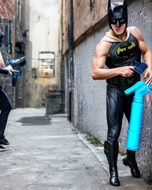 Image similar to happy batman firing super soaker water gun in an alleyway, everyone having fun, product advertisement, photography