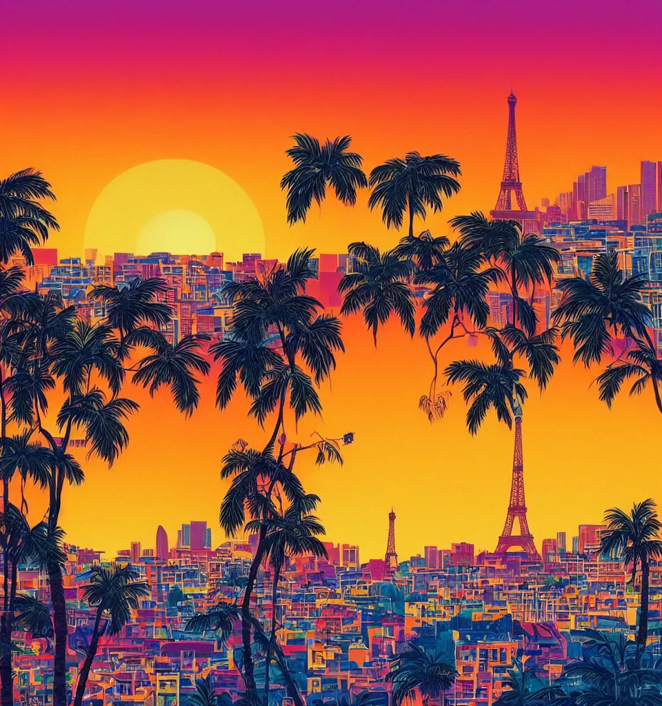 Image similar to gorgeous romantic sunset, cliffside onlooking the beautiful city of paris, warm colors, tropical, in the style of hiroshi nagai, very detailed, tropical, 8 0 s