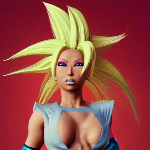 Prompt: Nicki Minaj turning to super Saiyan, 3d render,