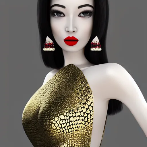 Image similar to complex 3 d render, ultra detailed, realistic photo of a beautiful porcelain skin woman, oval shape face, black long hair, wearing black dress, detailed almond eyes shape, red lipstick, plump lips, beautiful, studio photo, proportional, the grand sala thai on the background