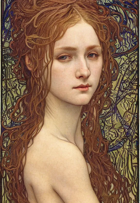 Image similar to detailed realistic beautiful young medieval queen face portrait by jean delville, alphonse mucha, vincent van gogh, and marco mazzoni, art nouveau, symbolist, visionary, gothic, pre - raphaelite