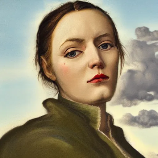 Prompt: close up of the face of a woman, clouds in background, dramatic lighting, painting by neo rauch, highly detailed