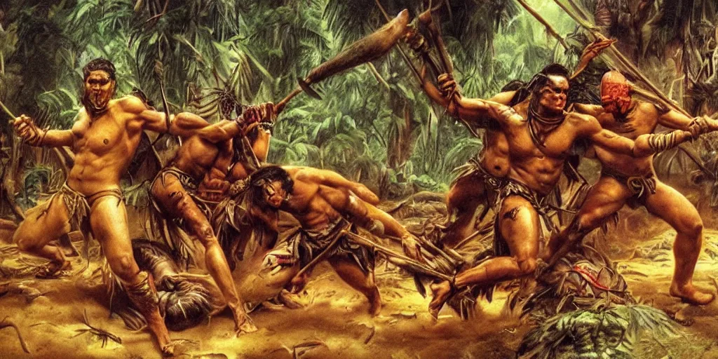 Image similar to battle in jungle, brutal aztec and Amazonian fight, epic, vintage, blood, slight inspiration of Boris vallejo and apocalypto, war photography