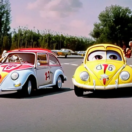 Image similar to promotion movie still of the car in'herbie the love bug'film ( 1 9 6 8 ). cinematic, 4 k, imax, 7 0 mm