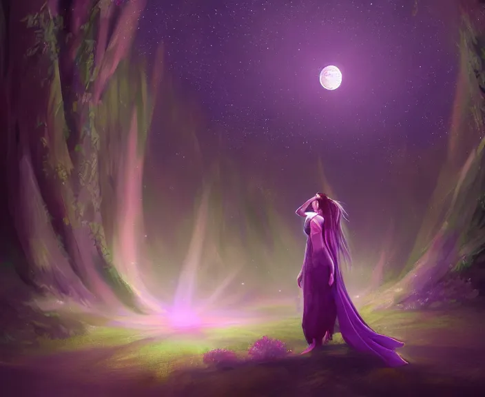 Image similar to an illustration of a mystical spiritual scene with a young woman in it, with starry dusted light and a moon, purple - tinted, high contrast, highly detailed, sharp focus, digital painting, illustration, trending on artstation,