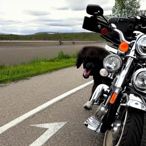 Prompt: dog on a as Harley Davidson on the road, funny picture