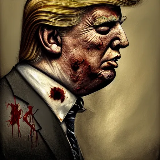 Prompt: side portrait of donald j. trump as a zombie, 7 days to die zombie, chalky style, fine art, soft light, award winning, subtle colors, intricate, elegant, sharp focus, cinematic lighting, digital painting, 8 k concept art, art by michael hussar, art by brom, art by z. w. gu, 8 k