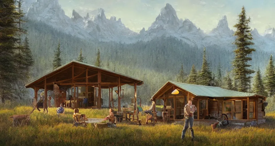 Image similar to cabela's beautiful comfortable modular pop - up insulated all terrain family dwelling, cabin,, person in foreground, mountainous forested wilderness open fields, beautiful views, painterly concept art, joanna gaines, environmental concept art, farmhouse, magnolia, concept art illustration, by james gurney, by craig mullins, by greg rutkowski trending on artstation