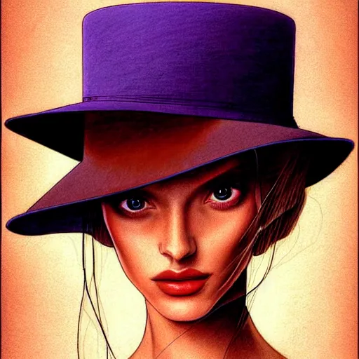 Prompt: drawing portrait of beautiful gorgeous woman with hat by Moebius science fiction