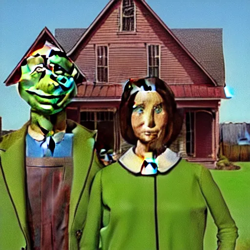 Image similar to kermit and elmo in the style of american gothic by grant wood
