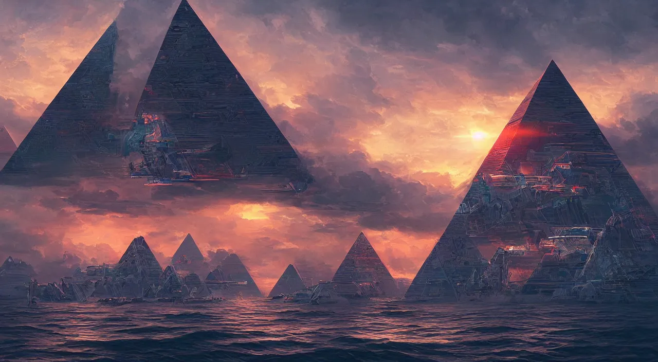 Prompt: a Stunning 3d painting of A cyberpunk pyramid at sea by gerg rutkowski and Daniel Romanovsky,epic lighting,beautiful sky,Retro colour,hyper detailed,Super realistic,cinematic,sci fi art,Masterpieces,8K Resolution