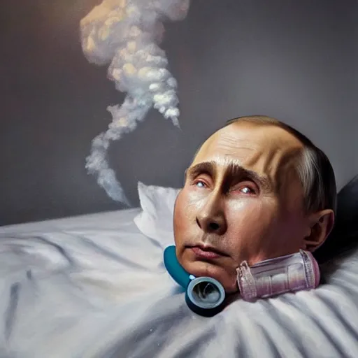 Image similar to a very hyperrealistic oil painting of ill Vladimir Putin as a patient wearing an oxygen mask lying in bed inhaling white clubs of smoke from Copium tank that stand near his bed, visible face, dimly lit cozy tavern, leather tunic, confident relaxed pose, d&d, stunning 3d render inspired art by Tim Okamura and Lise Deharme + perfect facial symmetry + dim volumetric lighting, 8k octane beautifully detailed render, post-processing, extremely hyperdetailed, intricate, epic composition, grim yet sparkling atmosphere, cinematic lighting + masterpiece, trending on artstation, very very detailed, masterpiece, stunning