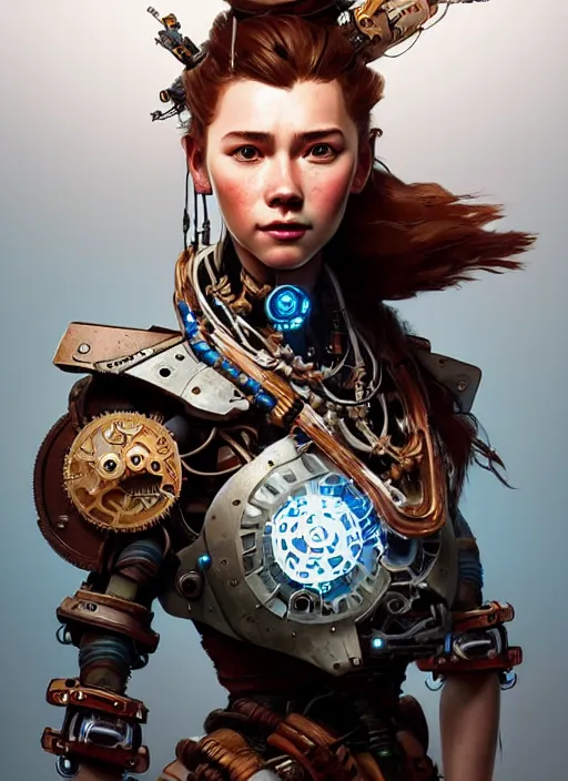 Prompt: portrait of aloy, robot steampunk, floral! horizon zero dawn machine, intricate, elegant, highly detailed, ray tracing, digital painting, artstation, concept art, smooth, sharp focus, illustration, art by artgerm and greg rutkowski and alphonse mucha, 8 k