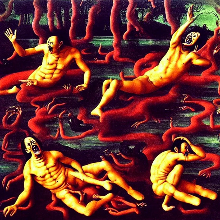 Image similar to a sacred painting of a beautiful flesh - eating timikawa with rainbow fur eating a screaming man, sitting on chair made of human limbs, the chair is floating in a lake of blood, surrounding the lake are melting trees, nightmare scene, supernatural, highly detailed, creepy, terrifying, famous painting by raphael and salvador dali