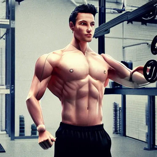 Image similar to a realistic detailed photo of a guy who is an attractive humanoid who is half robot and half humanoid, who is a male android, attractive and handsome jogger, shiny skin, posing like a statue, blank stare, in a factory, on display, showing off his muscles, wearing gym shorts, side view, looking at each other mindlessly