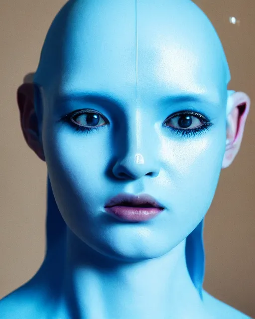 Image similar to natural light, soft focus portrait of an android with soft synthetic blue skin, bioluminescent plastics, smooth shiny metal, elaborate head piece, piercings, skin textures, by annie liebovotz,