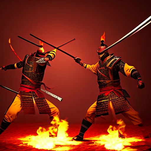 Image similar to Two samurais with flaming swords fighting, 8k, concept art, elegant, cinematic lighting,