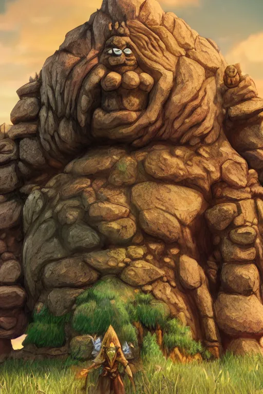 Image similar to zelda fantasy art giant golem troll wood rock greeble gemstone, global illumination ray tracing hdr fanart arstation by sung choi and eric pfeiffer and gabriel garza and casper konefal