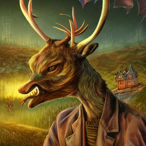 Image similar to 4 k headshot portrait of a psychedelic demonic anthropomorphic deer - horned wendigo smoking a hand - rolled cigarette smoking heavily, magic mushroom village in background. award winning. superb resolution. in the art style of junji ito and greg rutkowski. detailed mushroom city in background. hyper realistic anime. perfect art. dalle 2