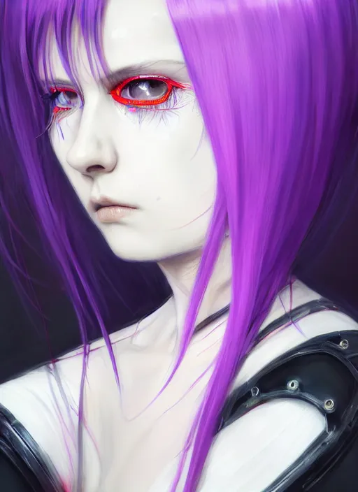 Image similar to whitebangs, black hair, black cyberlox, portrait of normal teenage girl, normal face, white bangs, fluffy bangs, cyberlox, whitebangs, red contact lenses, purple background, intricate, elegant, highly detailed, digital painting, artstation, concept art, sharp focus, smooth, illustration, art by wlop, mars ravelo and greg rutkowski