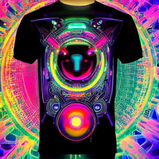 Image similar to photo of a black tshirt with a hyperdetailed portrait of a futuristic trippy cyberpunk meditating robot, 8 k, symetrical, flourescent colors, multicolored tshirt art,